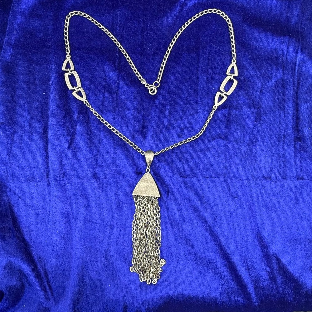 Vintage Estate Tassel Necklace Silver Tone Fringe Textured Geometric 23"